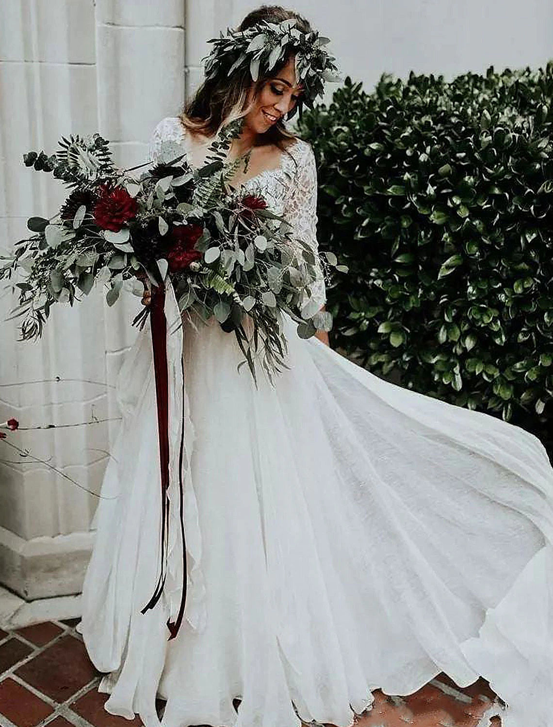 Wholesale  Boho Wedding Dresses Ball Gown V Neck 3/4 Length Sleeve Sweep / Brush Train Chiffon Bridal Suits Bridal Gowns With Pleats 2023 Summer Wedding Party, Women's Clothing